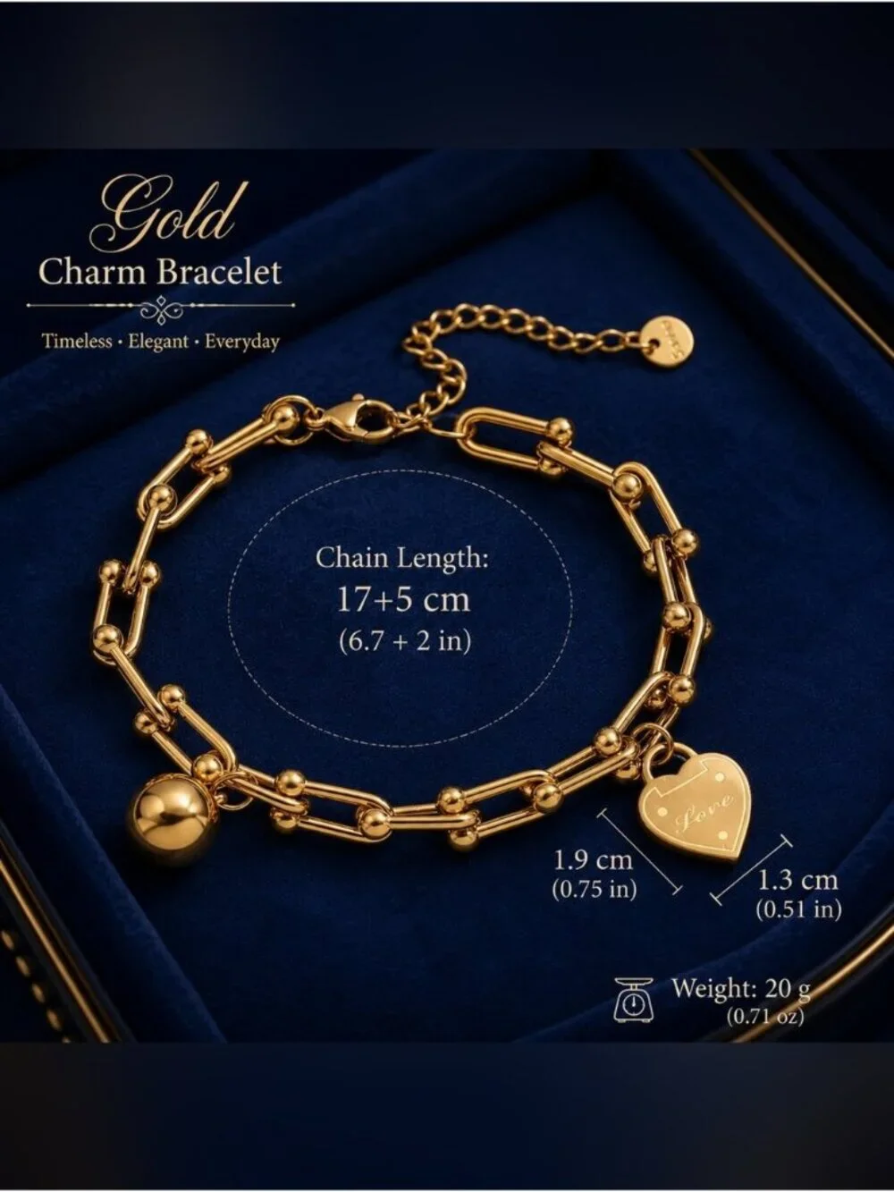 Polished Gold Heart & Sphere Link Bracelet
